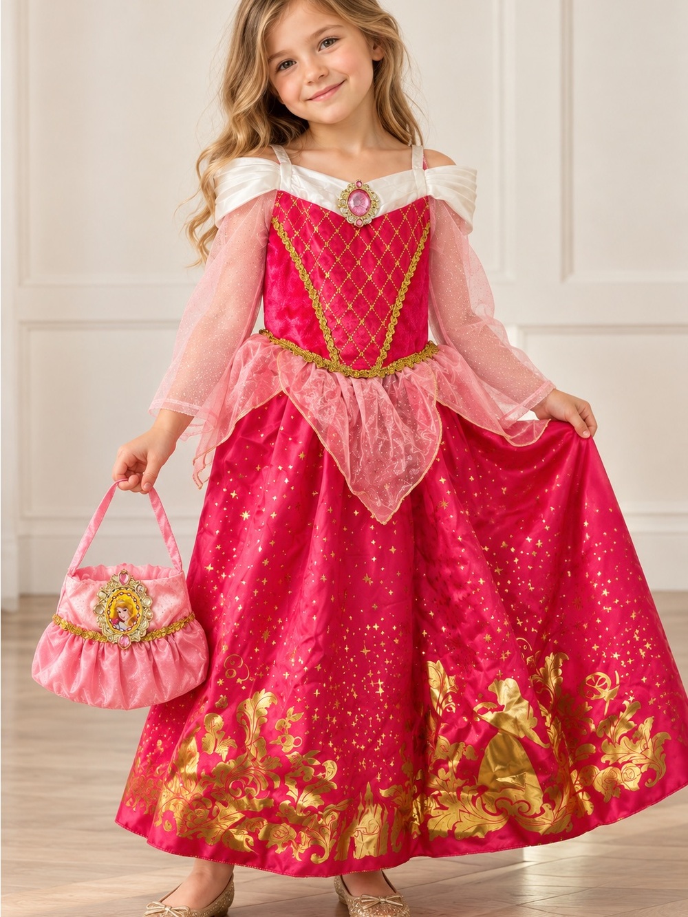 Disney Store Aurora Sleeping Beauty Costume Dress 5/6 + Purse